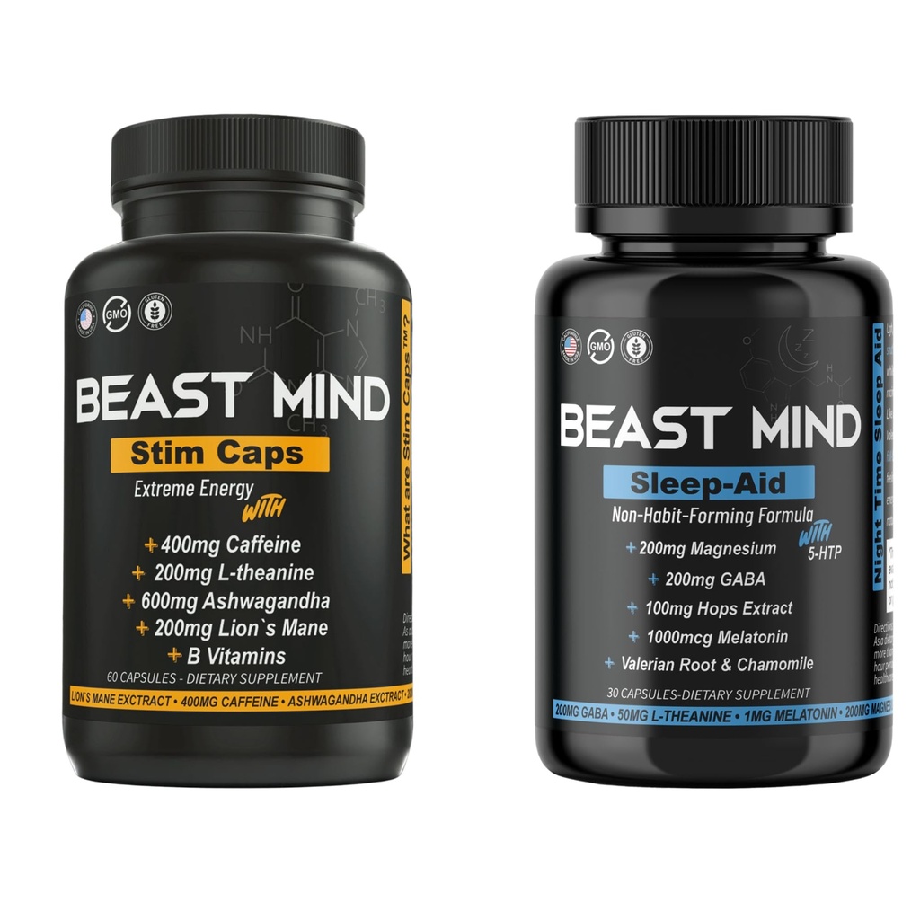 Day & Night Energy With Sleep Aid Bundle | 400mg Caffeine | 600mg Ashwagandha | 200mg Lions Mane | Increased Energy & Focus & Mood Sleep Aid with GABA, Valerian Root, Chamomile, Melatonin, Magnesium