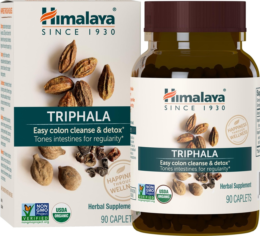 Himalaya Organic Triphala, 90 Day Supplement - Stravovací doplněk pro Colon Cleanse & Occasional Bloating and Concurrency Relief - USDA Organic, Vegan, Non- GMO, gluten Free, 688 mg, 90 Caplet