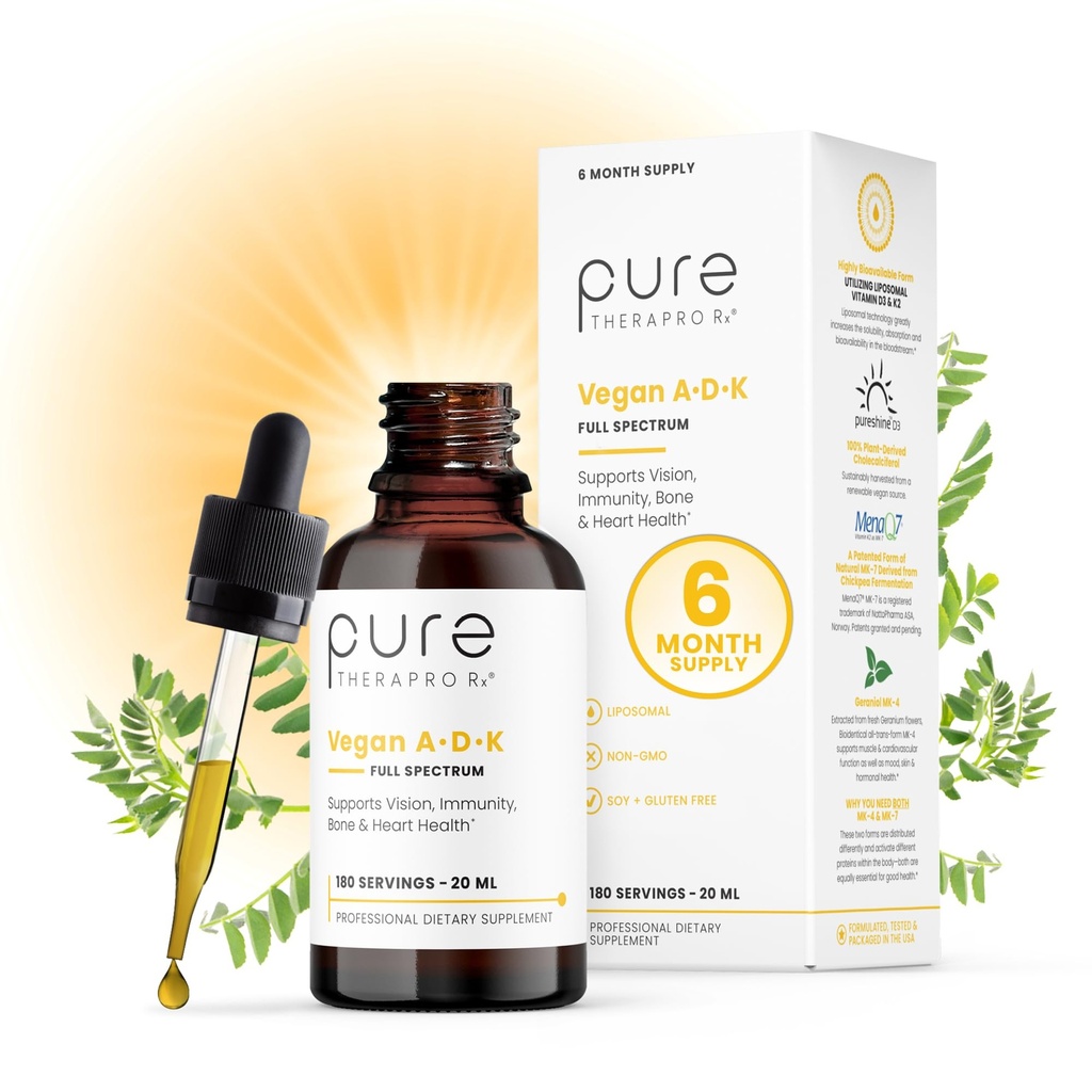 Čistá TheraPro Rx Vegan A- D- K Drops-6 Mon Supply- Vitamin A (Palmitát & Betakaroten), Liposomální vitamin D3 (jako vegan cholekalciferol), Liposomální vitamin K2 (MK-4 & MK-7) Podporuje imunitu a kostní zdraví - 20ml