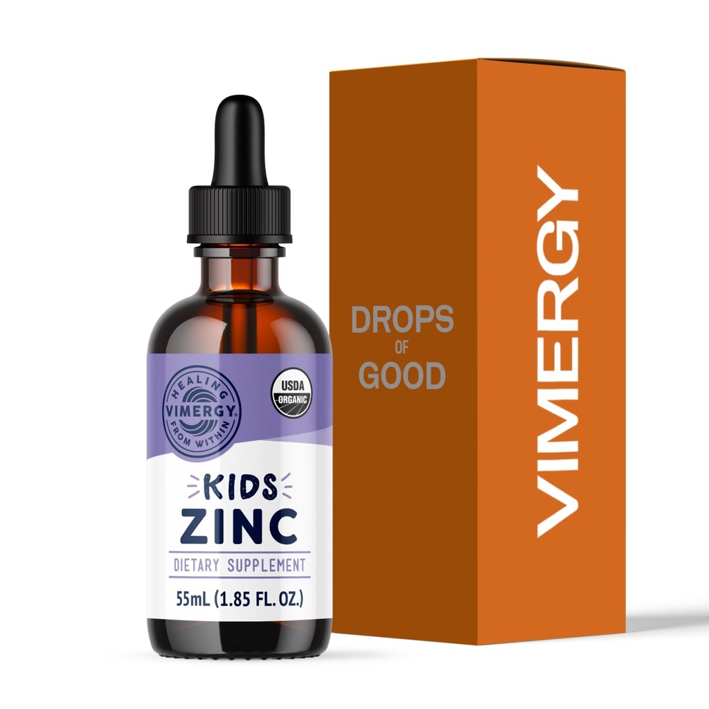 VIMERGIE Kids USDA Organic Liquid Zinek Sulfath - pro děti a adolescence 1-18 let, Fast- Absorbující imunitní podpora * - Podporuje zdravé kosti, vlasy & kůže. Kosher, Vegan, Non- GMO - 55 ml