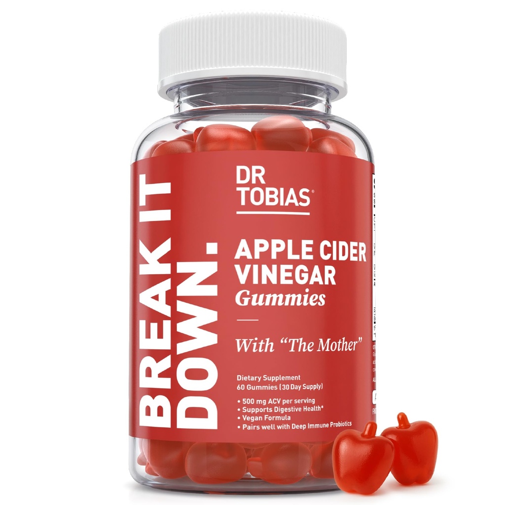 Dr. Tobias jablečný ocet gumy s matkou, 500mg ACV per Serving, Plus folát, B6, B12 & jód, podporuje stravovací zdraví, Gut Cleanse & Detox, Vegan, 60 Gummies