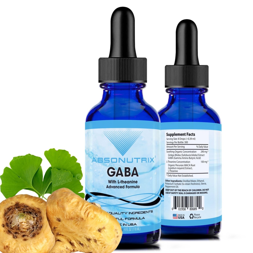 Absonutrix GABA s L- Theanine 290 mg, 4 Oz Liquid, 300 Servings, Made in USA, Quick Absorpce, Kvalitní potentní ingredience, Non- GMO, GMP Certified Facility, Cruelty- Zdarma produkty