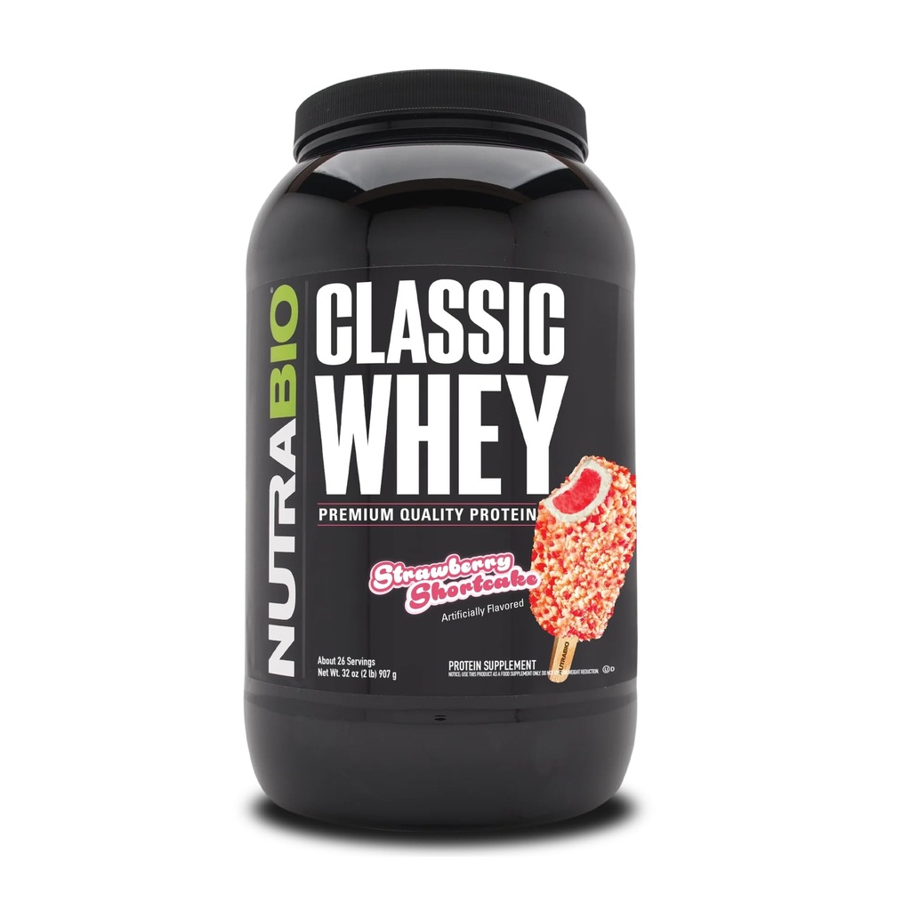 NutraBio Classic Syrovátkový prášek dodatek - 25g proteinu per Scoop - Full- Spectrum Amino Acid Profil bez plnidel, umělé barvy, nebo konzervační přísady - Jahodový koláč, 2 litry