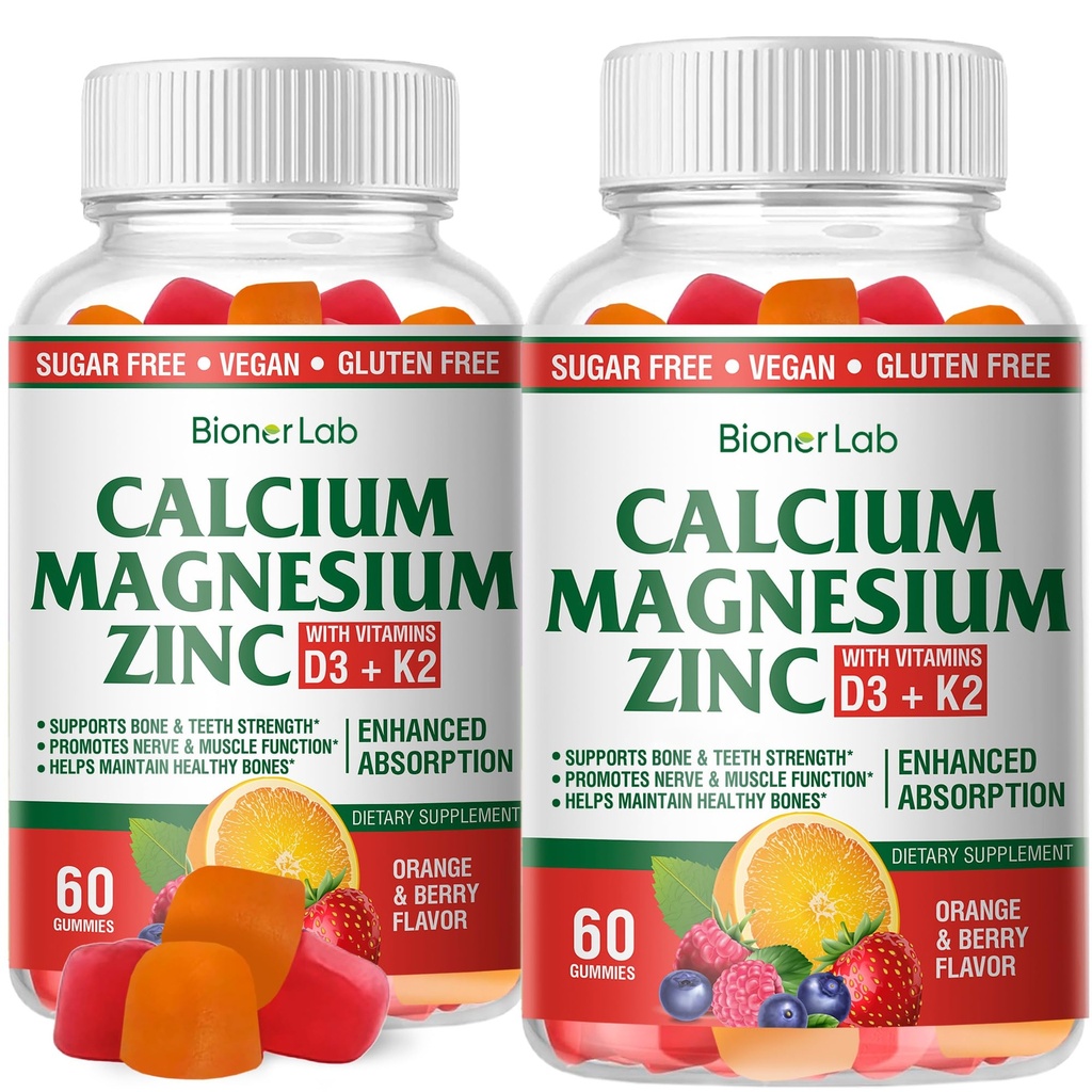 BionerLab vápník hořčík zinek gumy s vitamínem D3 & K2 - vysoká potence zvýšené absorpce - pomerančové a Berry ochucené