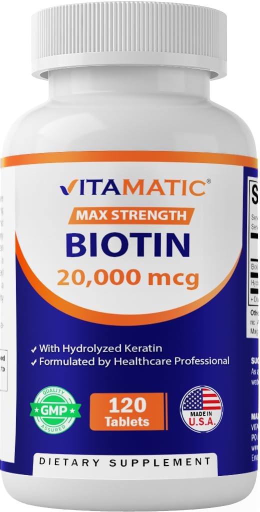 Vitamatic High Potency Biotin 20000 mcg (20mg) s Keratin 100mg - 120 Vegetariánské tablety - Biotin doplňky pro zdravé vlasy kůže a nehty pro dospělé (120 Počet (balení po 1))