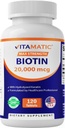 Vitamatic High Potency Biotin 20000 mcg (20mg) s Keratin 100mg - 120 Vegetariánské tablety - Biotin doplňky pro zdravé vlasy kůže a nehty pro dospělé (120 Počet (balení po 1))