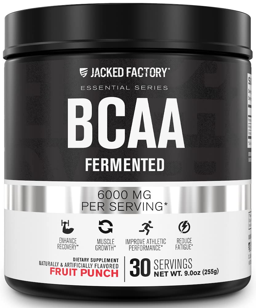 Jacked Factory BCAA Powder (fermentovaný) - 6g Esenciální aminokyseliny s rozvětveným řetězcem pro zlepšení svalové obnovy, snížená únava, zvýšená síla, růst svalů - 30 Služeb, ovocný punč
