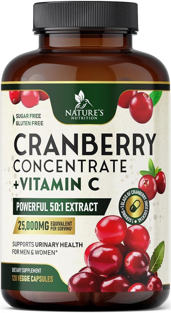 Cranberry Supplement Pills 25,000mg - High Potency Vitamin C Cranberry for Women & Men, Nutriční Tract Health Support, Cukr zdarma, Gluten zdarma, Non- GMO, Cranberry koncentrát Extract - 120 Kapsle