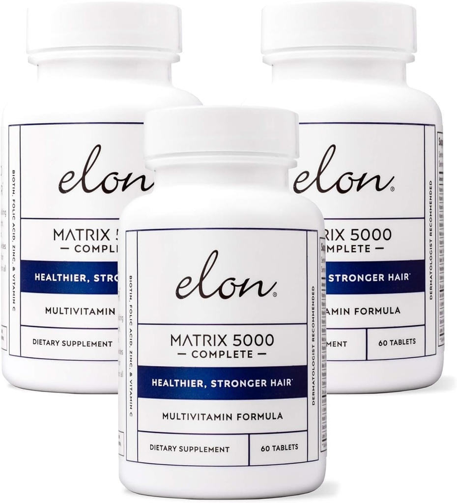 Elon Matrix 5000 Kompletní multivitamin - Kožní, vlasové a nehtové růstové vitamíny - Zdravé růstové vitamíny pro ženy a muže - 5000Mcg Biotin dodatek, balení 3 (180 denní dodávka)