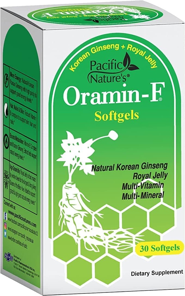 Pacific Nature 's Oramin F (30 Softgels) s korejskými ženšen, Royal Jelly, vitamín B Complex, a zinek pro energii, imunitu, a výživovou podporu