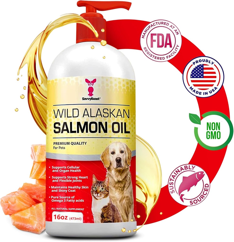 SavvyBeast Wild Aljašský losos olej pro psy, kočky & fretky - Omega33 Fish Oil Pet dodatek s EPA & DHA - Podporuje pleť, plášť, spony, srdce, mozek, Itch Relief & Imunitation - Nevoňavý - 16 oz