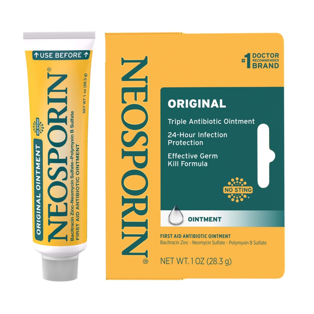 Neosporin Original First Aid Triple Antibiotic Ointment, Bacitracin Zinek & Neomycin Sulfath Infection Protection, Wound Care Treatment & Scar Representation Minimizer for Minor Cut, Scraps & Burns, 1 oz