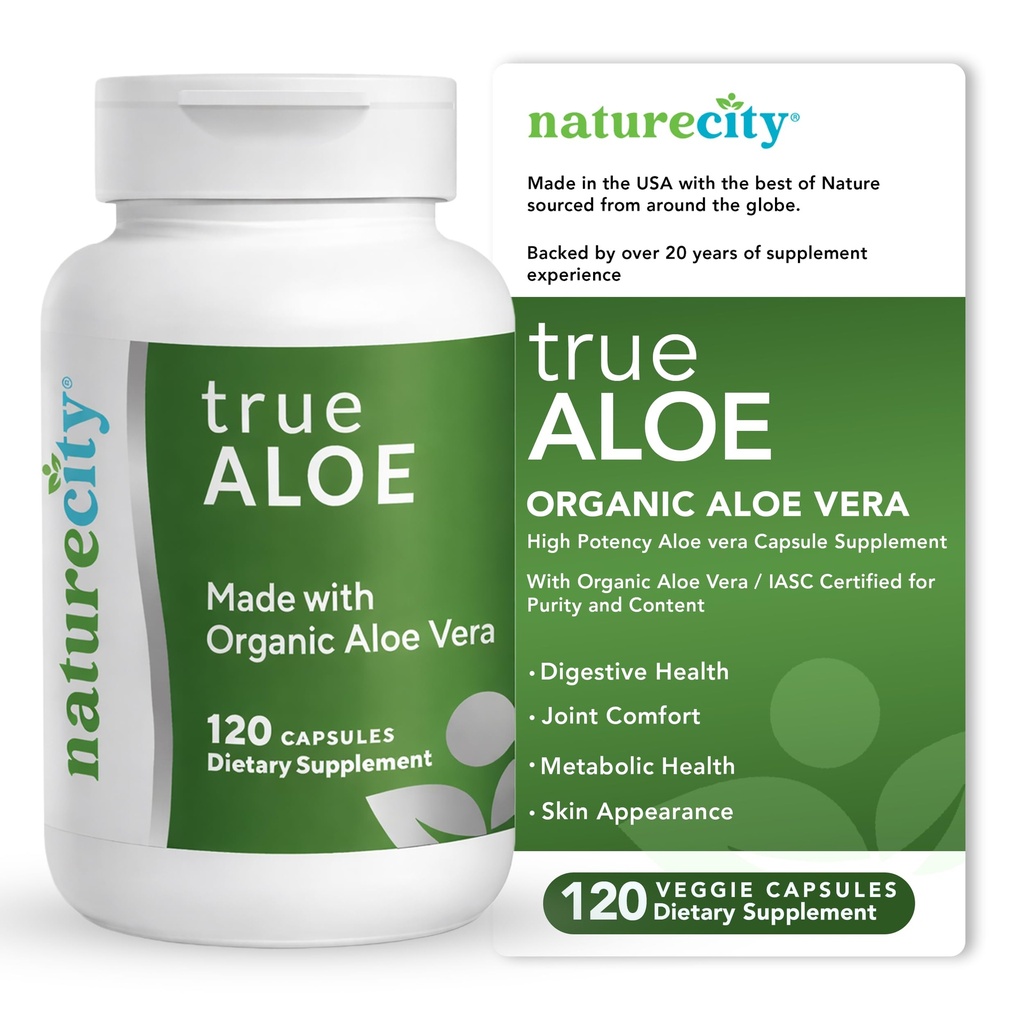 NatureCity True-Aloe Gut Health Support - 80,000mg Aloe Vera Gel Ekvivalentní Per Serving - Organic Aloe Vera (120 kapslí) pro stravovací, kožní a společnou podporu 124; Small Easy- to- Swallow pilulky