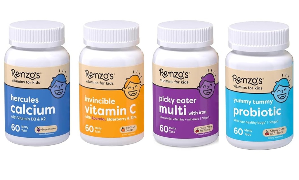 Renzo 's Vitamíny Kid Essential Bundle - Probiotický, Vitamin C s Elderberry & Zinek pro imunitní podporu, Picky jedlík děti multivitamin, a Hercules vápník