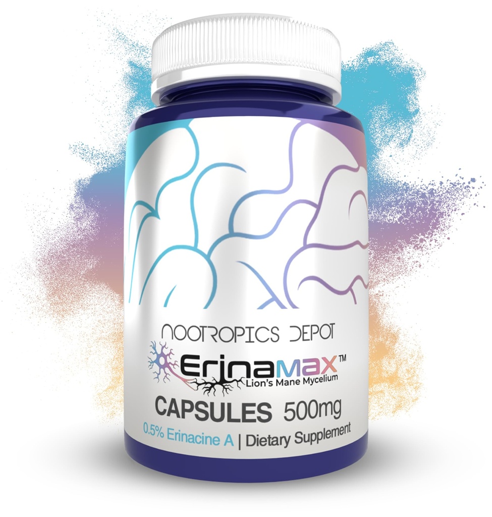 Nootropics Depot Erinamax Lion 's Mane 500mg Kapsle 124; Liquid Culture Mycelium CLAS124; 2.5mg Erinacine A CLAS124; Mood, Cognition, & Nerve Support CLAS124; 120 Count