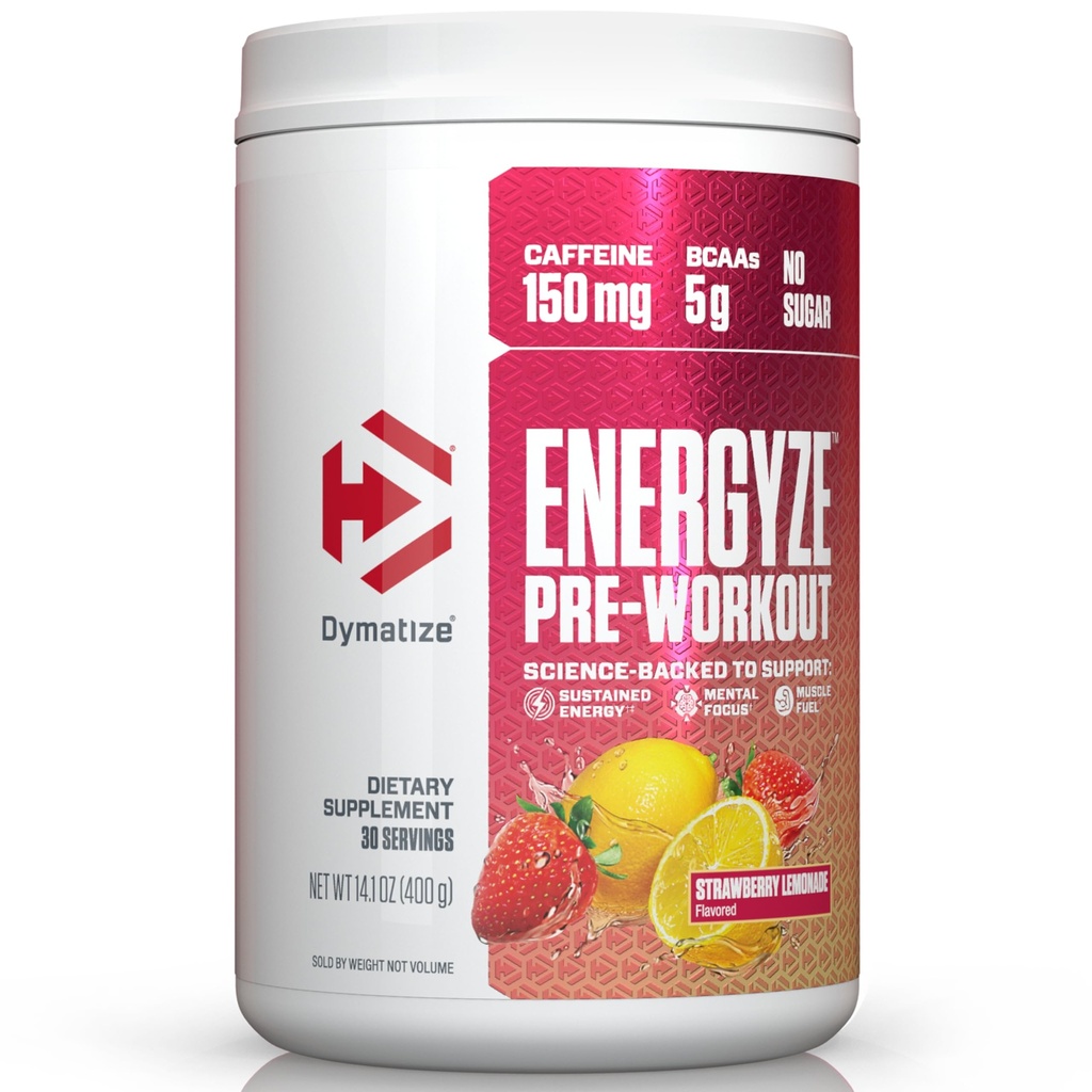 Dymatize Energyze Pre Workout Powder for Men and Women, Strawberry Lemonade, 150mg Caffeine, 5g BCAA, Performance Blend of L- Theanine, L- Tyrosin, L- Citrulline, No Sugar (30 Servings)