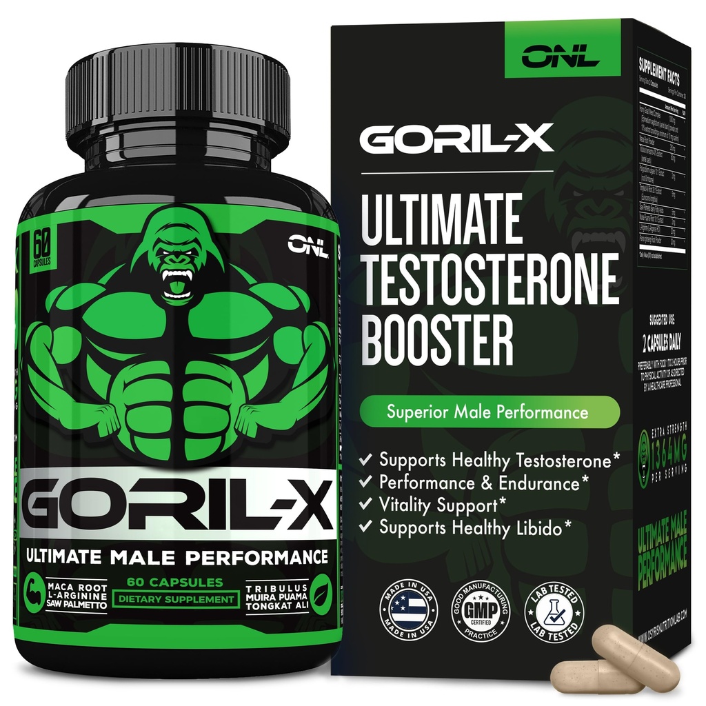 GORIL- X Testosteron Booster pro muže - Cvičení Testosteron dodatek - Zvýšení velikosti, síla a energie - 1000mg Muž Enhancing Horny Goat Weed - Maca Root, Tongkat Ali & Tribulus Terrestris 60 Caps