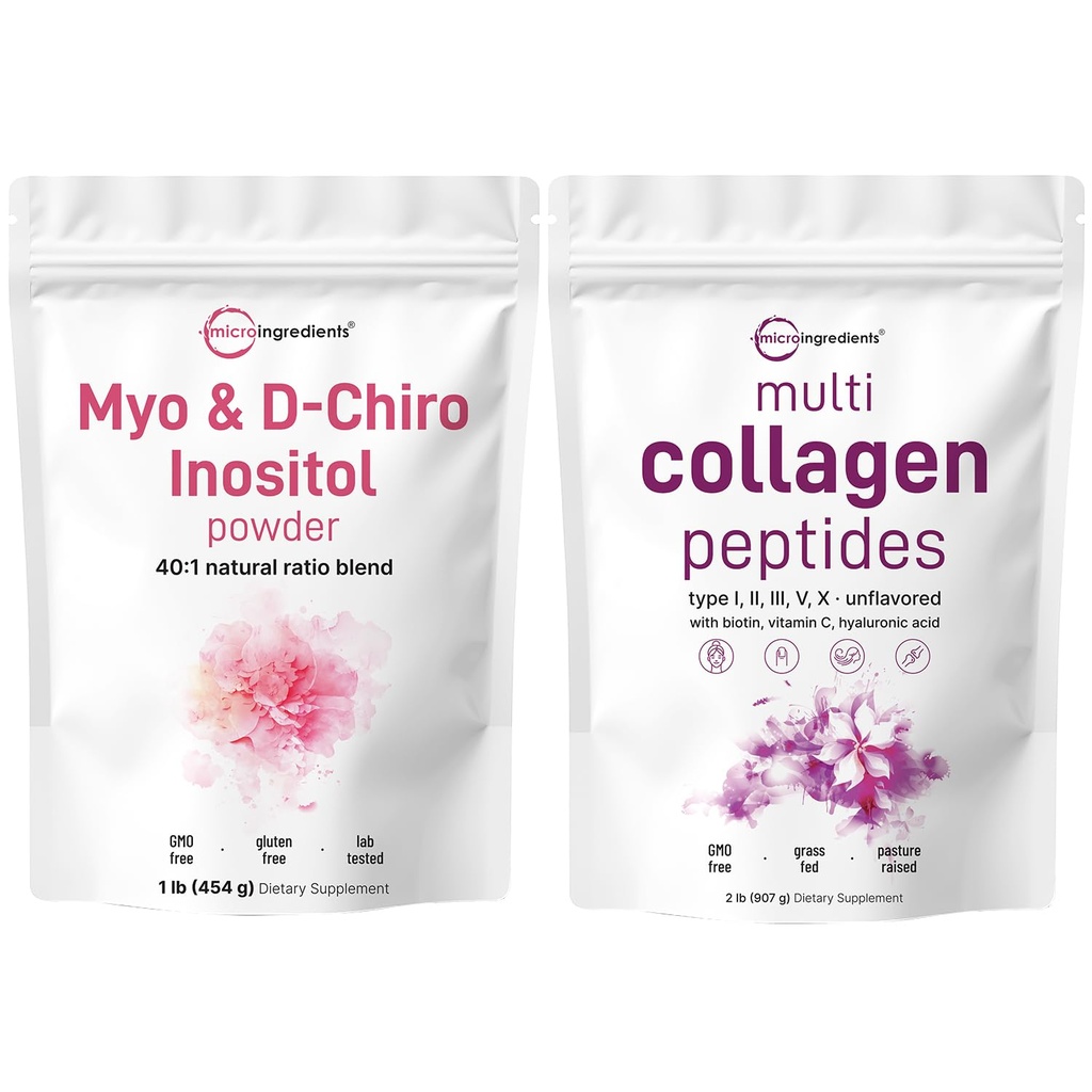 Micro Ingredients Multi kolagen protein Powder 2lbs & Myo & D- Chiro Inositol Powder Bundle 2 Balení 124; Grass- Fed Collagen Peptides Plan124; Inositol dodatek pro ženy