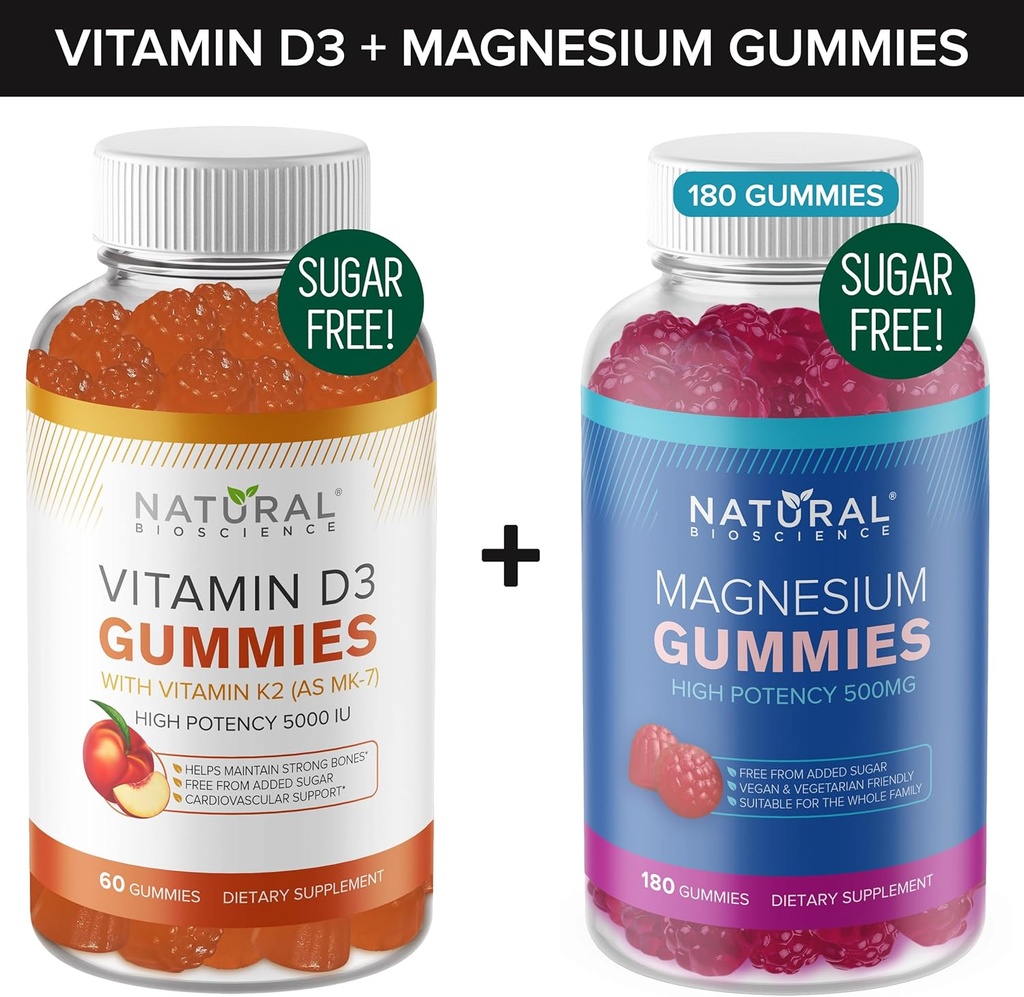 Bezcukrový vitamin D3 K2 Gummie (60 Gummies) a bezcukrová Extra síla Magnesium Gummies (180 Gummies), Vitamin D3 Gummies 5000 IU + K2 MK7 80 mcg, Magnesium Citrát Gummies 500 mg