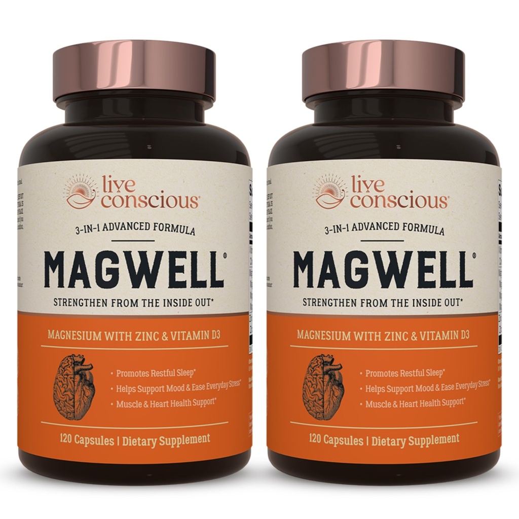 Živý konscious hořčík zinek a vitamin D3 - Biologicky dostupné formy hořčíku - Malate, Glycinát, Citrát - MagWell Bone & Heart Health, Podpora imunitního systému - 120 Kapsle (2- Pack)