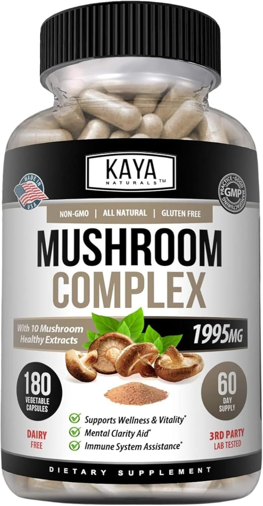 Kaya Naturals Premium Houbový komplex Potent - Houbový doplněk - Houbový komplex Kapsle 1995mg Per Serving - Podporuje imunitní systém, Wellness & Vitality - 180 Počet