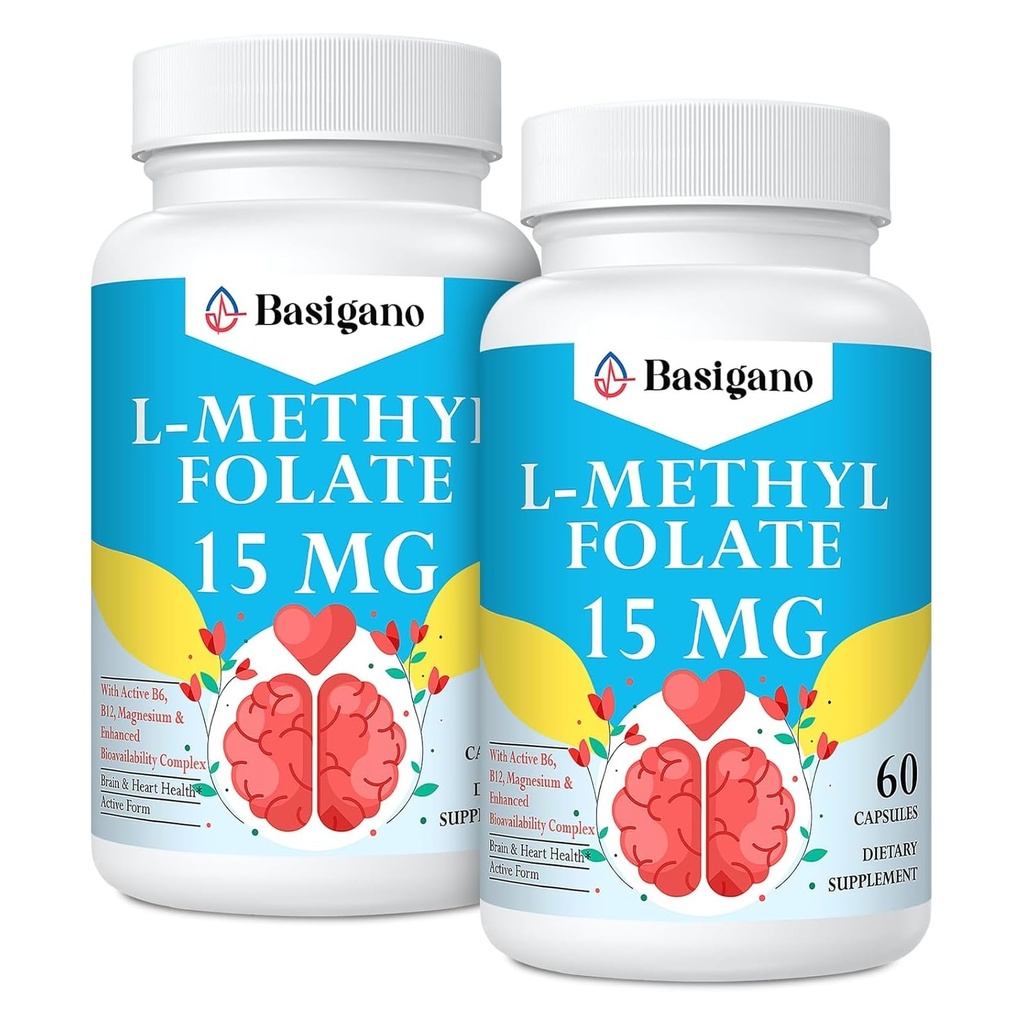 15 mg metylfolátu (5- MTHF) - Aktivní kyselina listová obohacená vitaminy B6 a B12- 60 Vegetariánských tobolek - Non- GMO, bez glutenů