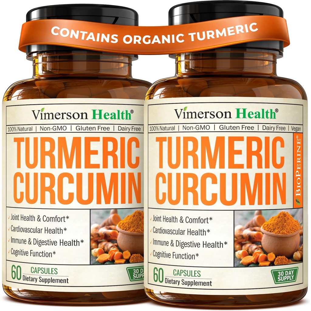 Kurkumin dodatek s Black Pepper Extract - High potency Organic Turmeric 1200mg & 95% Kurkuminoidy pro společné a stravitelné zdraví - Společná podpora Dodatek - 60 Kurkuma Kapsle - 2 Pack