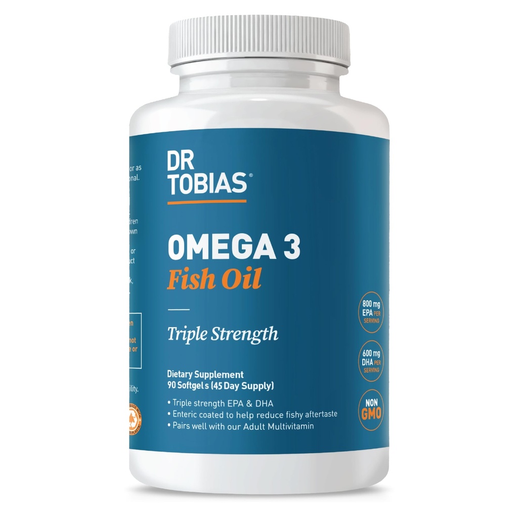 Dr. Tobias Omega 3 Fish Oil, 2000mg Triple Strength s 800mg EPA 600mg DHA Per Serving, Fish Oil Omega 3 doplňky pro srdce, Brain & Imunitation Support, 90 Softgels, 45 Servings