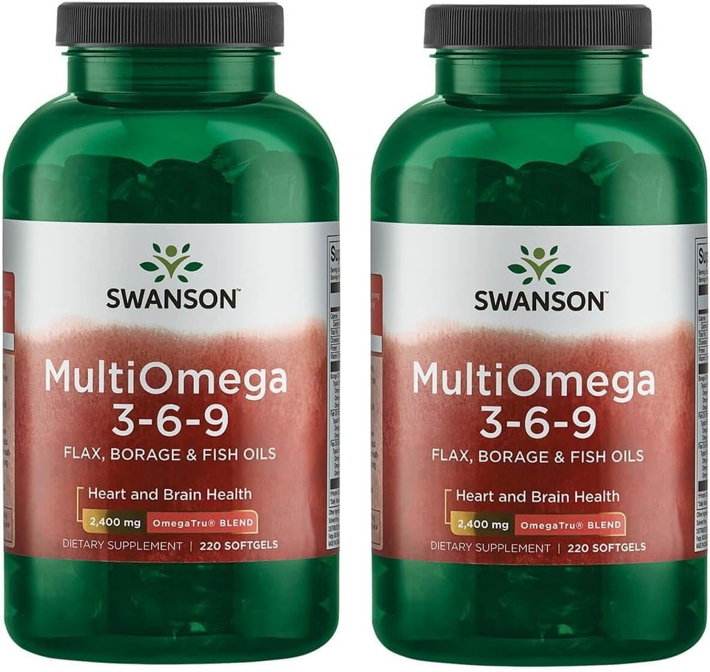Swanson MultiOmega 3-6-9 - Non- GMO Flax, Borage & Fish Oil Kapsle - Základní mastné kyseliny podporující kardiovaskulární zdraví a zdraví mozku - (220 Softgels, 2400mg Serving) 2 Lahve