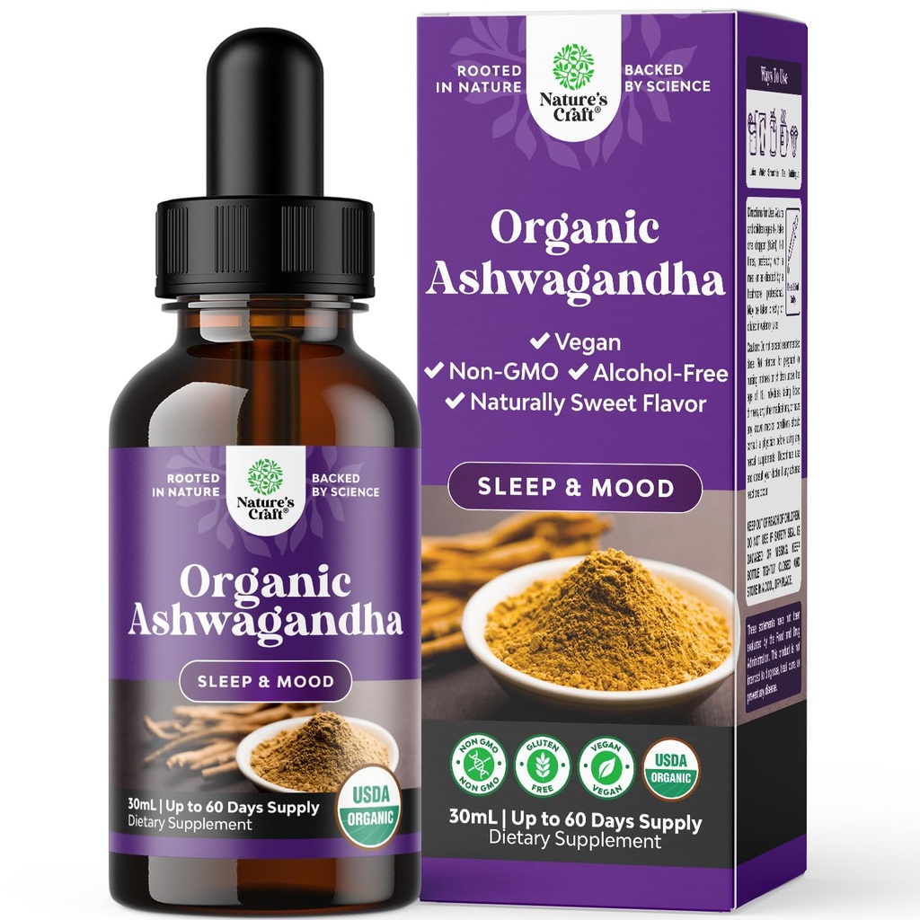 USDA Organic Ashwagandha Liquid Drops - Ashwagandha Root Extract for Stress and Mood Support - Delicious Pure Adaptogen Drops for Dospělí - Alcohol- Free Bylinné tinktury pro odpočinek - 30 ml láhev