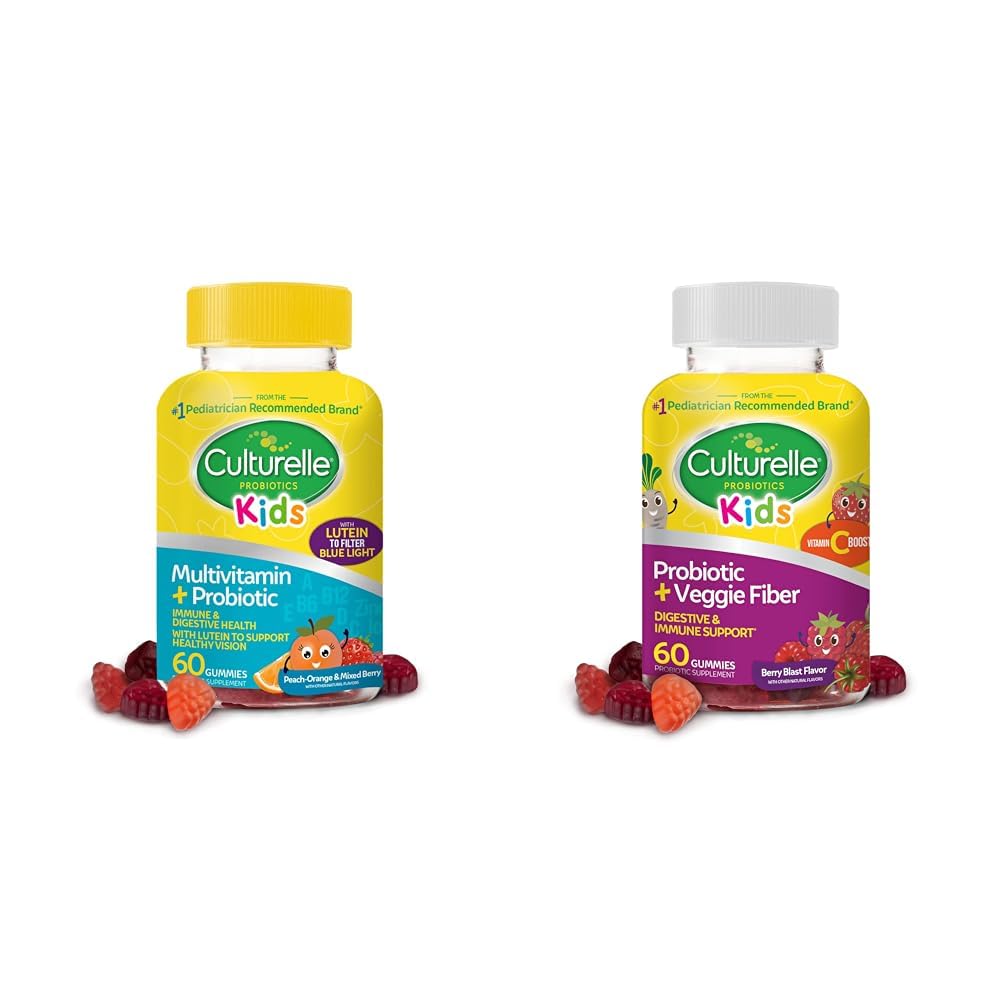 Culturelle Kids Probiotické gumy pro věk 2 + - Peach- Orange & Mixed Berry Flavors & Daily Probiotic pro děti + Veggie Fiber Gummies (věk 3 +) - 60 Počet - Digestive