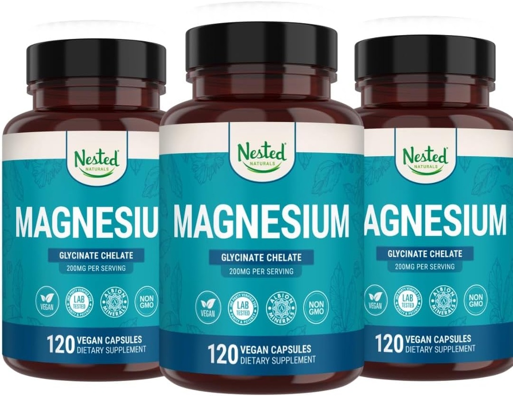 Nested Naturals Magnesium Glycinate Chelate CLAS124; doplněk hořčíku pro svalové křeče, relaxace, & Sleep Support CLAS124; 100% Chelated Albion TRACCS Buffered Magnesium Glycinate 200mg CLAS124; (3- Pack)