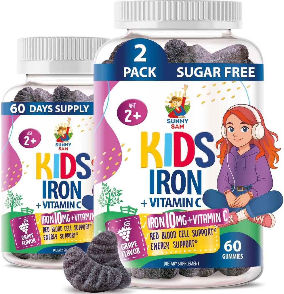 SUNNY SAM Iron Gummies for Kids & Teens - 10mg Vitamíny s vitaminem C - Low- Cukr Žvýkací Iron Gummy dodatek pro imunitní podporu, podporuje výrobu červených krvinek pro děti a dospívající dívky