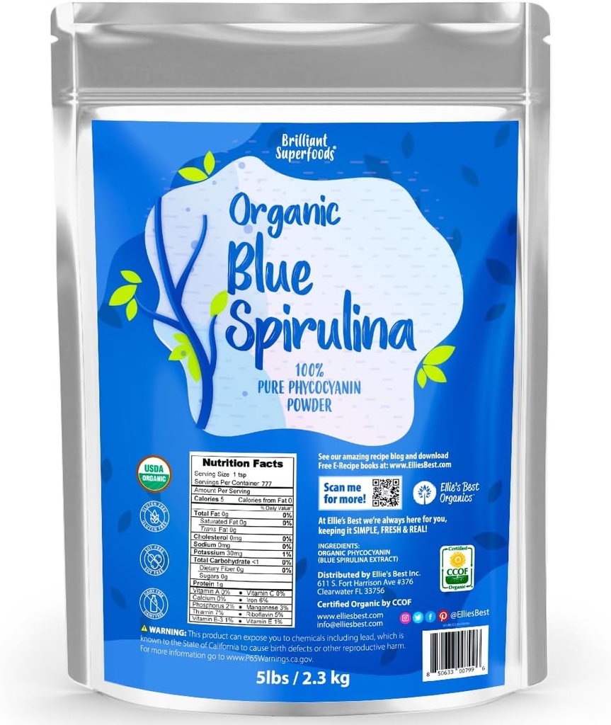 Organic Blue Spirulina Powder Superfood Supplement - 5LB Bulk - Odorless - Vegan, non GMO, gluten- Free, Dairy- Free, Brilantní modré potravinářské zbarvení - Čistá voda extrahované