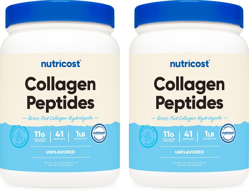 Nutricost Pure Collagen Hydrolysate (Bovine) Powder (2 Pack) - Grass Fed Bovine Collagen, 1LB per Bottle