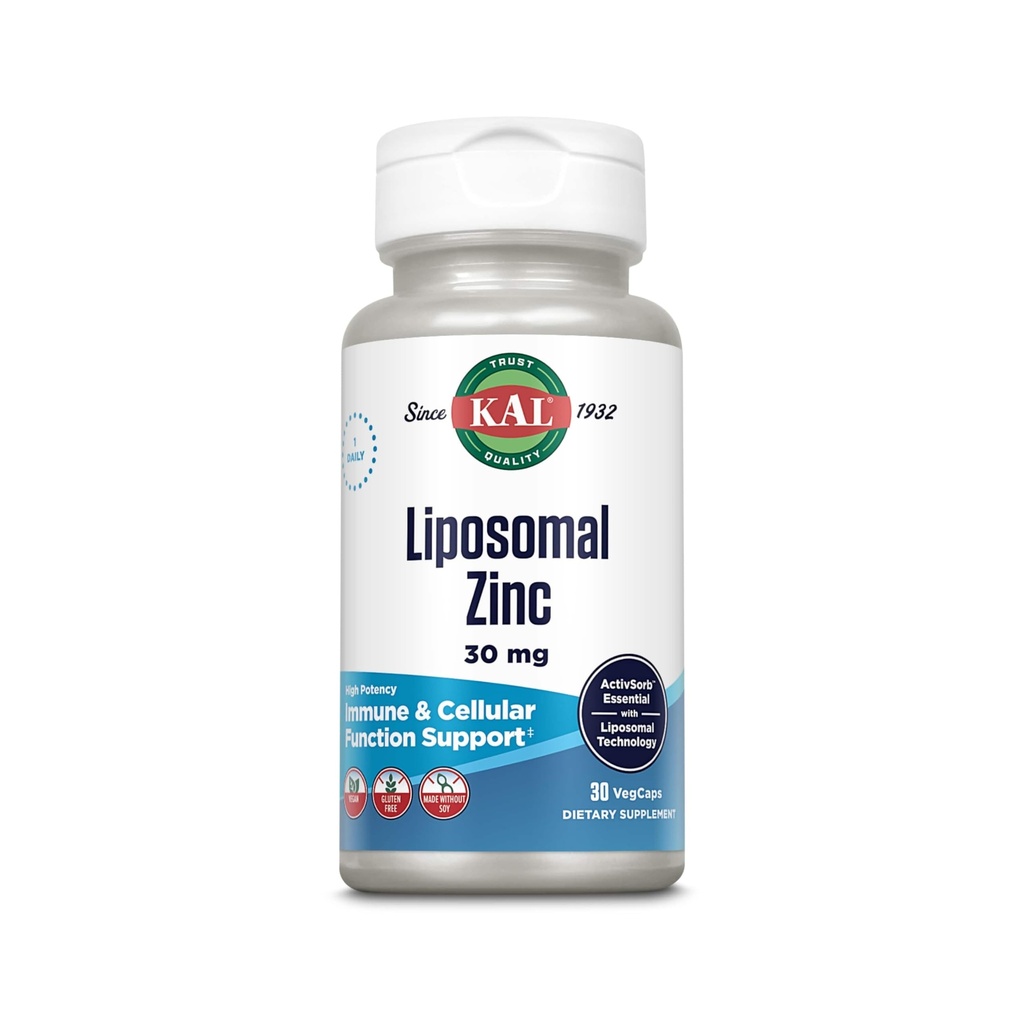 KAL Liposomální zinek 30mg, buněčná funkce a imunitní podpora dodatek, zesílené absorpce zinkové doplňky, Vegan, gluten zdarma, Soy zdarma, 30 Služeb, 30 VegCaps