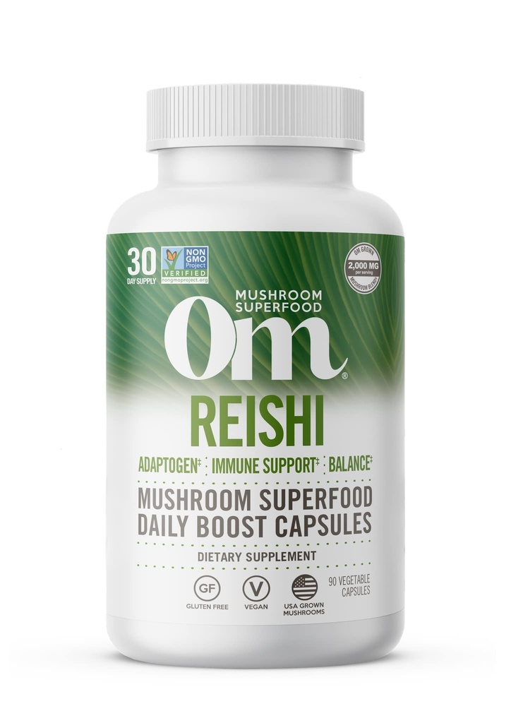 OM MUSHROOM SUPERFOOD Reishi Houbové kapsle Superfood dodatek, 90 Počet, 30 dní, Organic Adaptogen pro stres a imunitní zdraví