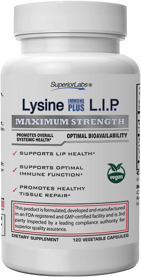 Superior Labs Lysinová imunita Plus Lip, Klinicky osvědčené Lip Health & Support, L- Lysinová vázaná na HCI pro optimální stabilitu a absorpci pro rychlé výsledky, Bioaktivní s nulovou škodlivostí přísad