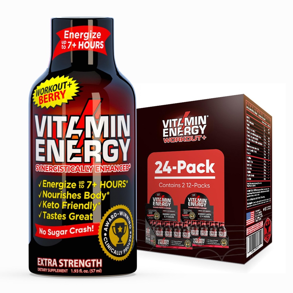 Vitamin Energy Workout + Extra Síla Energy Shot Berry 24 Pack, 260mg přírodní kofein, Pre- Workout, B- Vitamíny, Minerály, Vytrvalost & Výkon, Nulový cukr, gluten- Free, Vegan, 1.93 fl oz