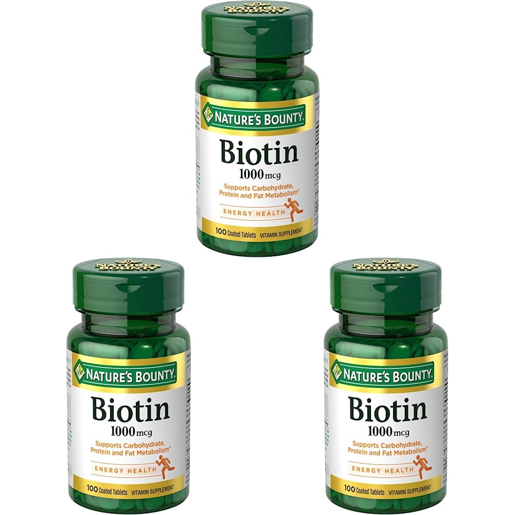Přírodní Bounty Biotin, vitamin dodatek, podporuje metabolismus pro celulární energii a zdravé vlasy, kůže, hřebíky, 1000 mcg, 100 tablet (balení po 3)