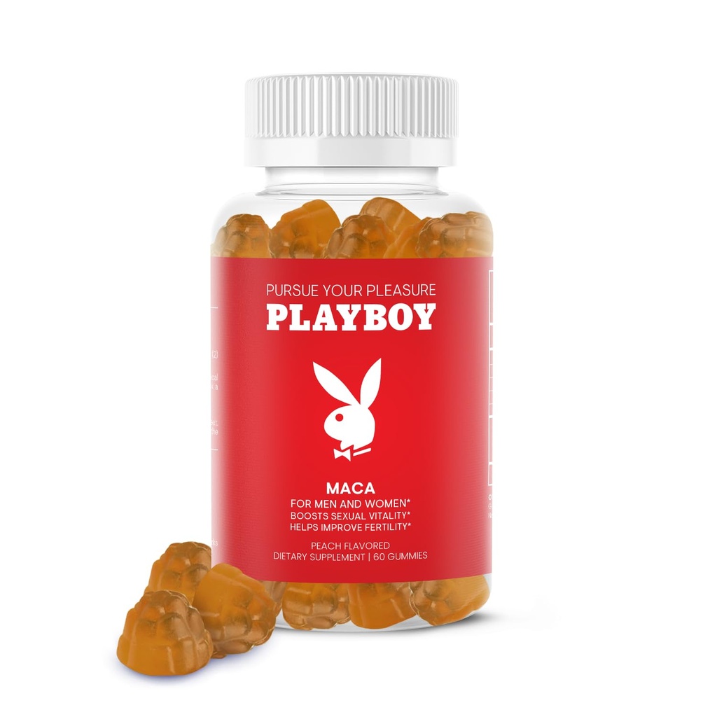Playboy - Maca Root Gummies pro ženy a muže (60 Počet - Peach ochucené) - Zvýšení sexuální vitality, Libido, plodnost - Maca Gummies dodatek - 100% přírodní, Vegan non GMO - 4: 1 Extract Maca Peruana