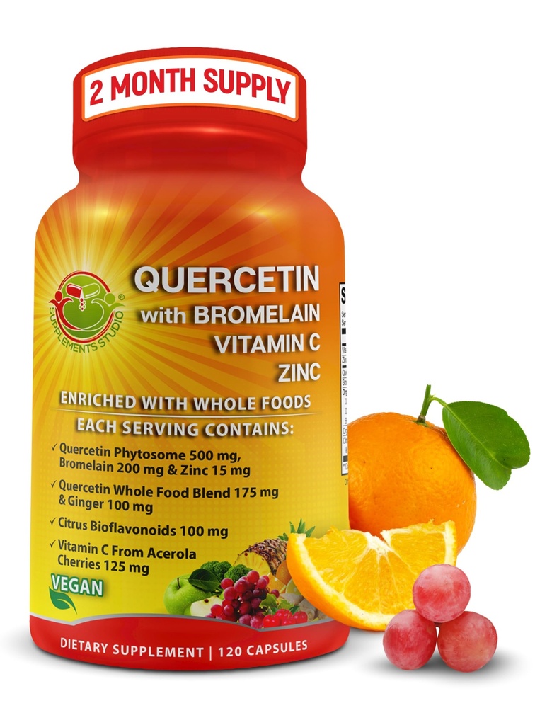 Quercetin s bromelainovým vitaminem C a zinkem obohacený o organické potraviny - 1215mg na jedno podání - Quercetin Phytosome 500mg Kapsle s Ginger a Flavonoidy pro imunitní podporu - 120 Počet