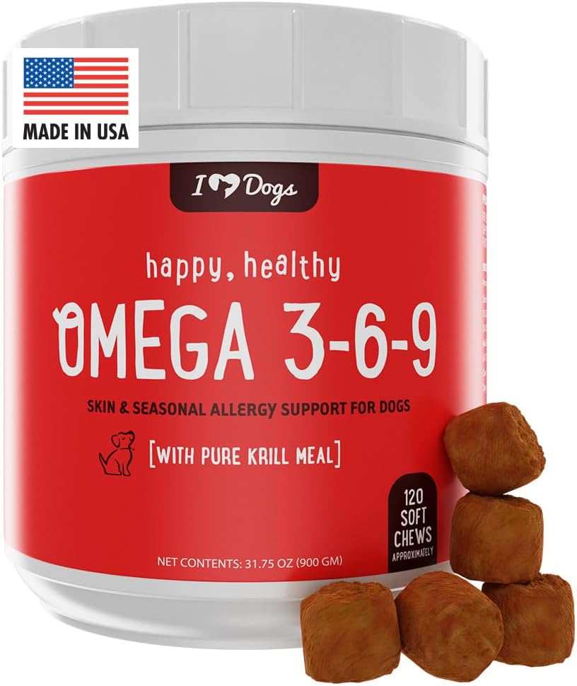 iHeartDogs Omega 3-6-9 pro psy - Doplněk pro kůži a kabát Rybí olej pro psy s čistým antarktickým krillovým olejem - Alergie & Itchy kůže Relief Chews, 120 Počet