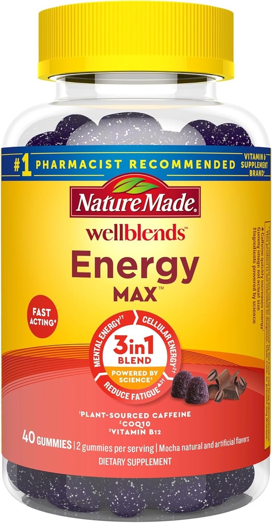 Nature Made Wellbends EnergyMAX Gummies, Fast acting Caffeine, CoQ10 & Vitamin B12 1000mcg, Podpora energie Gummy Vitamíny, 40 Gummies