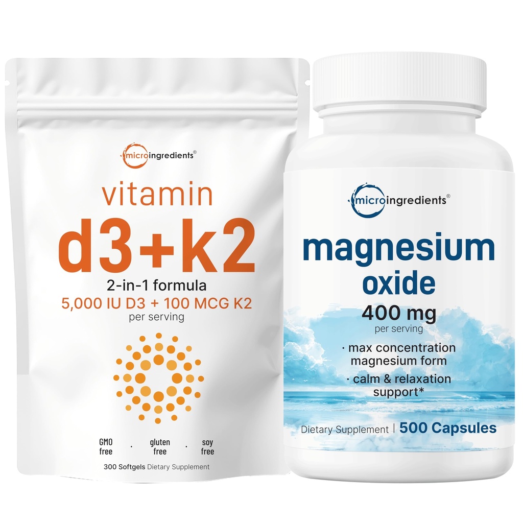 Micro Ingredients Vitamin D3 5,000iu + K2 100mcg Softgels & Magnesium Oxide 400mg Bundle Pack CU124; Essential Sunshine Vitamins CU124; Elemental Form for Max Concentration