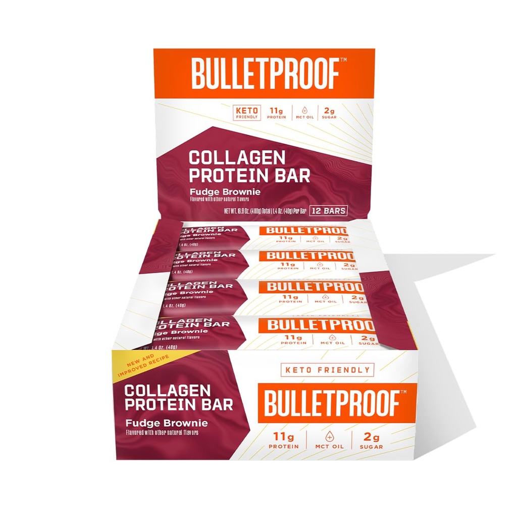 Neprůstřelný Fudge Brownie Kolagenové proteinové tyčinky, balení 12, Keto- Friendly Snack s MCT Oil, Grass- feed kolagen, No Add Sugar