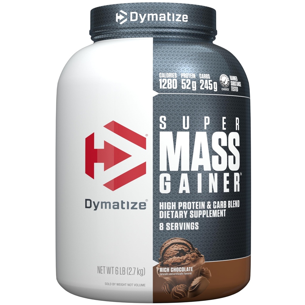 Dymatizovat Super Mass Gainer Protein Powder, Rich Chocolate, 52g Protein, 1g Creatin, 1280 Calories, 10.7g BCAA, 245g Carbs, Obsahuje syrovátkový protein prášek, izolát, a kasein (8 Servings)
