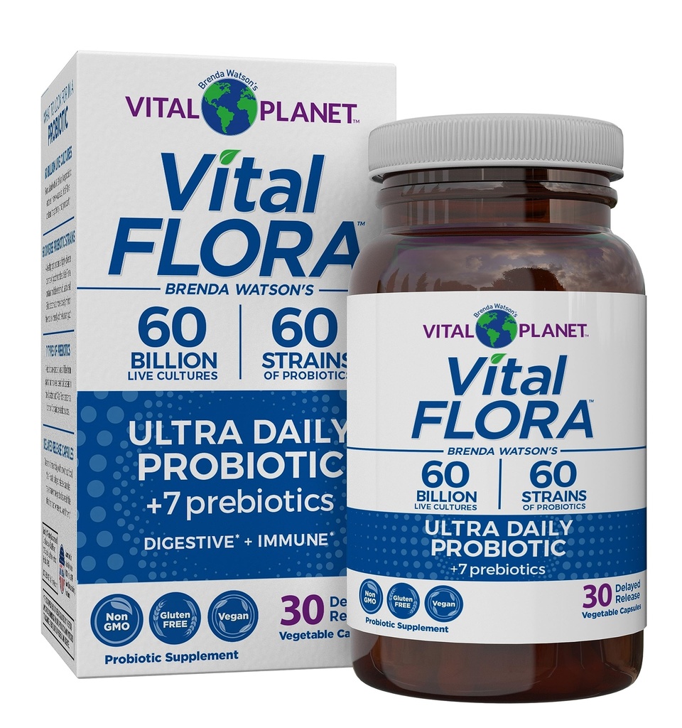 Vital Planet - Vital Flora Ultra Daily Probiotic 60 miliard CFU, Diverse Strains, Organic Prebiotics, Imunitní podpora, Bloating Relief, Digestive Health Probiotics pro ženy a muže 30 Kapsle