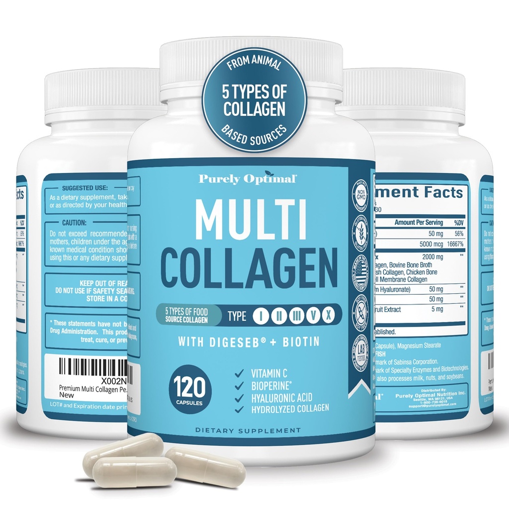 Premium Multi kolagen Peptidy (typy I, II, II, V, X) - Kolagenové pilulky pro péči o pleť, růst vlasů, nehty & spony - Vitamin C, Hyaluronická kyselina, Biotin, Lepek zdarma - 120 Kolagenové kapsle