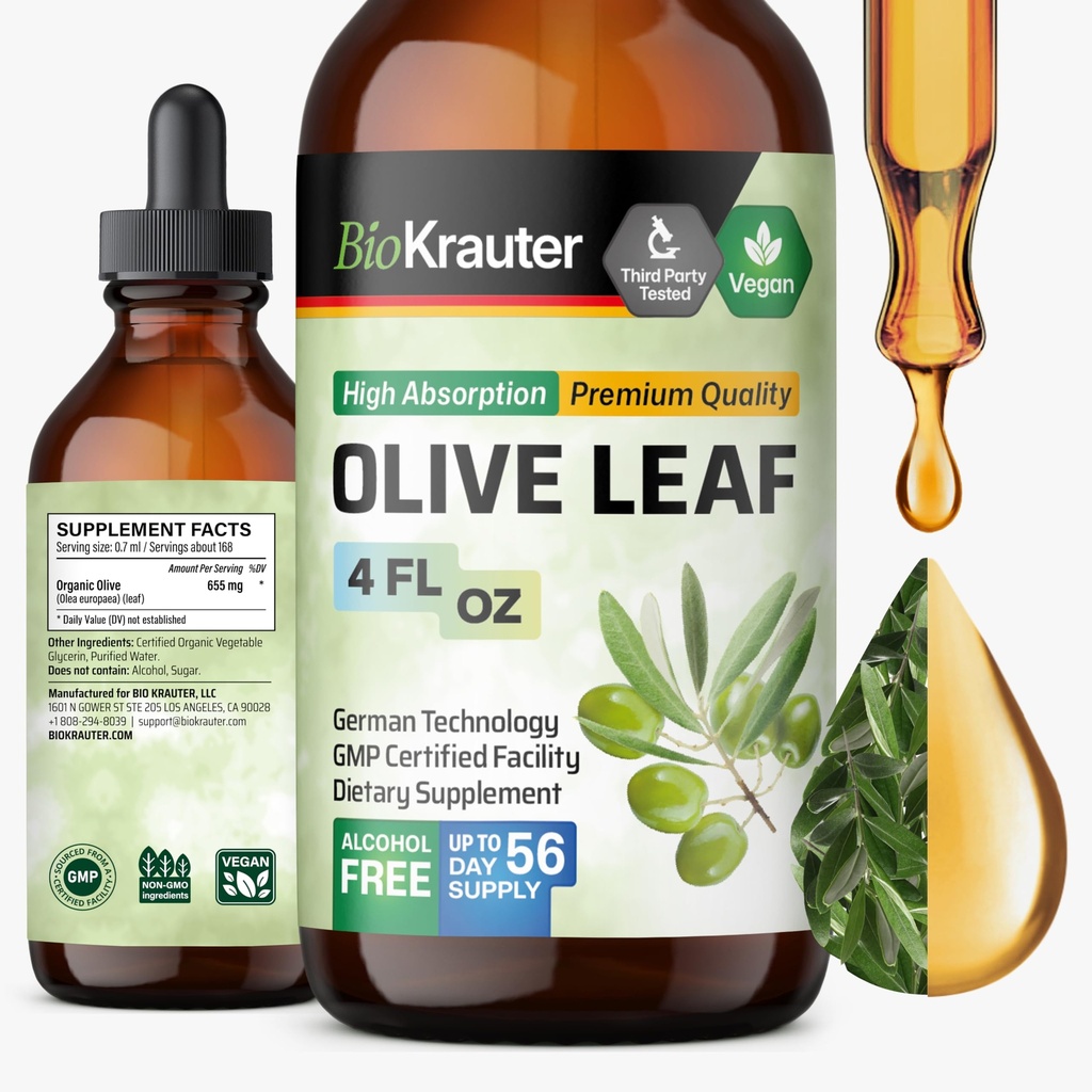 BIO KRAUTER Olive Leaf Extract Liquid - Olive Leaf tinktura pro imunitní podporu - Alkohol a cukr zdarma - Vegan kapky 4 Fl.Oz.